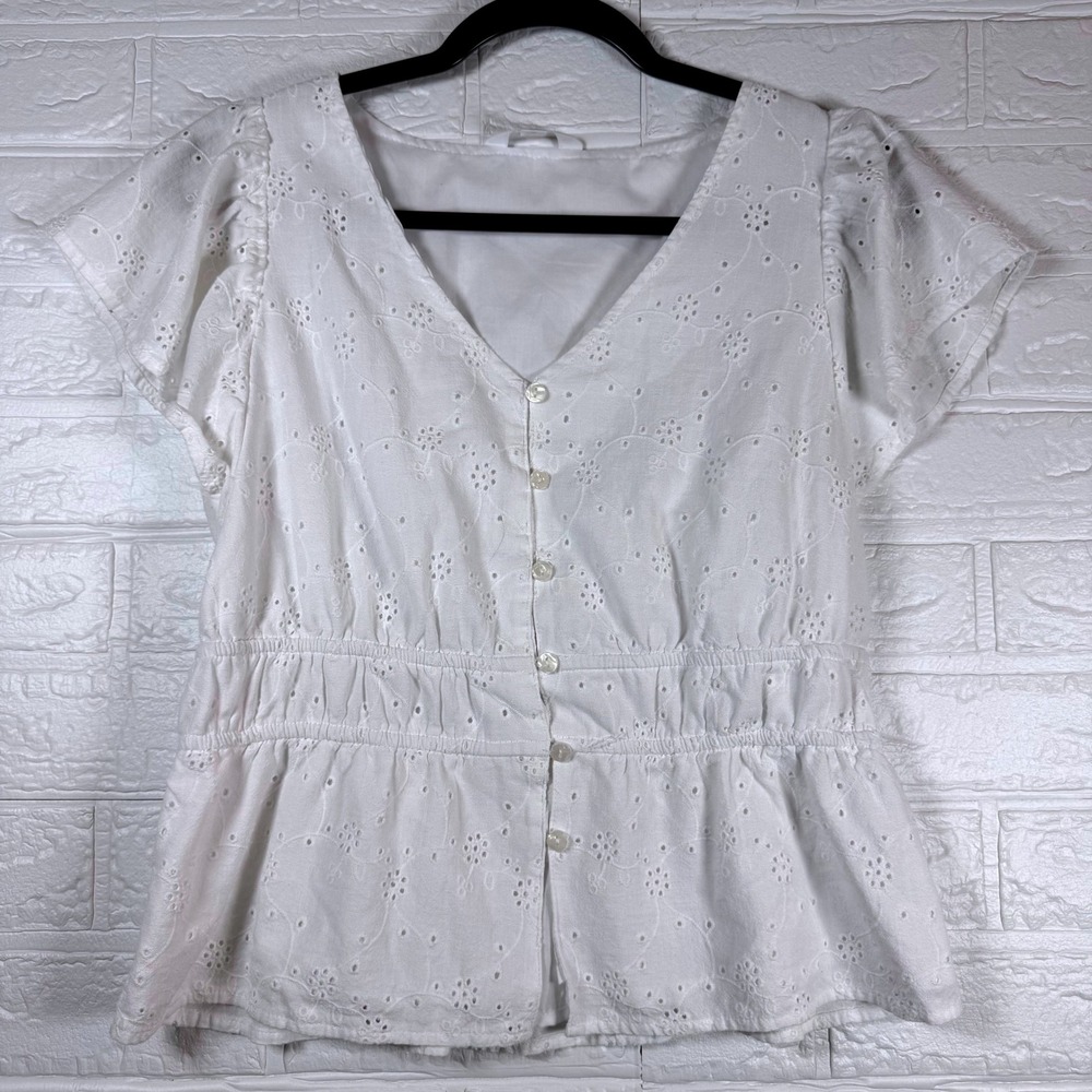 Time and Tru Peplum Top Women M White Eyelet Butterfly Sleeve Button Front